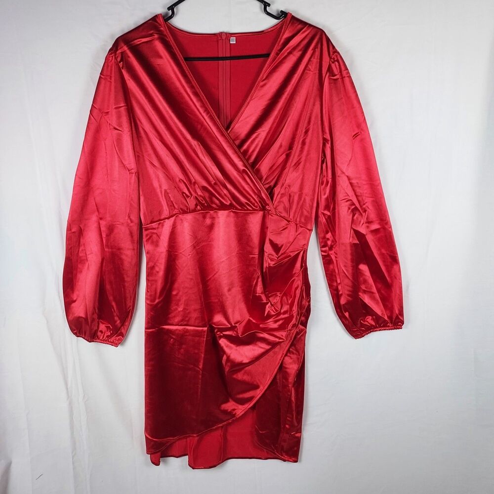 Yajedo Satin V-Neck Dress Size XL Red Party/Cocktail Long Sleeve New